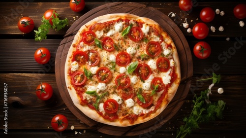 Delicious mouth-watering cheese pizza with tomatoes and herbs on a wooden table in a home kitchen. Italian food restaurant. Top view. photo