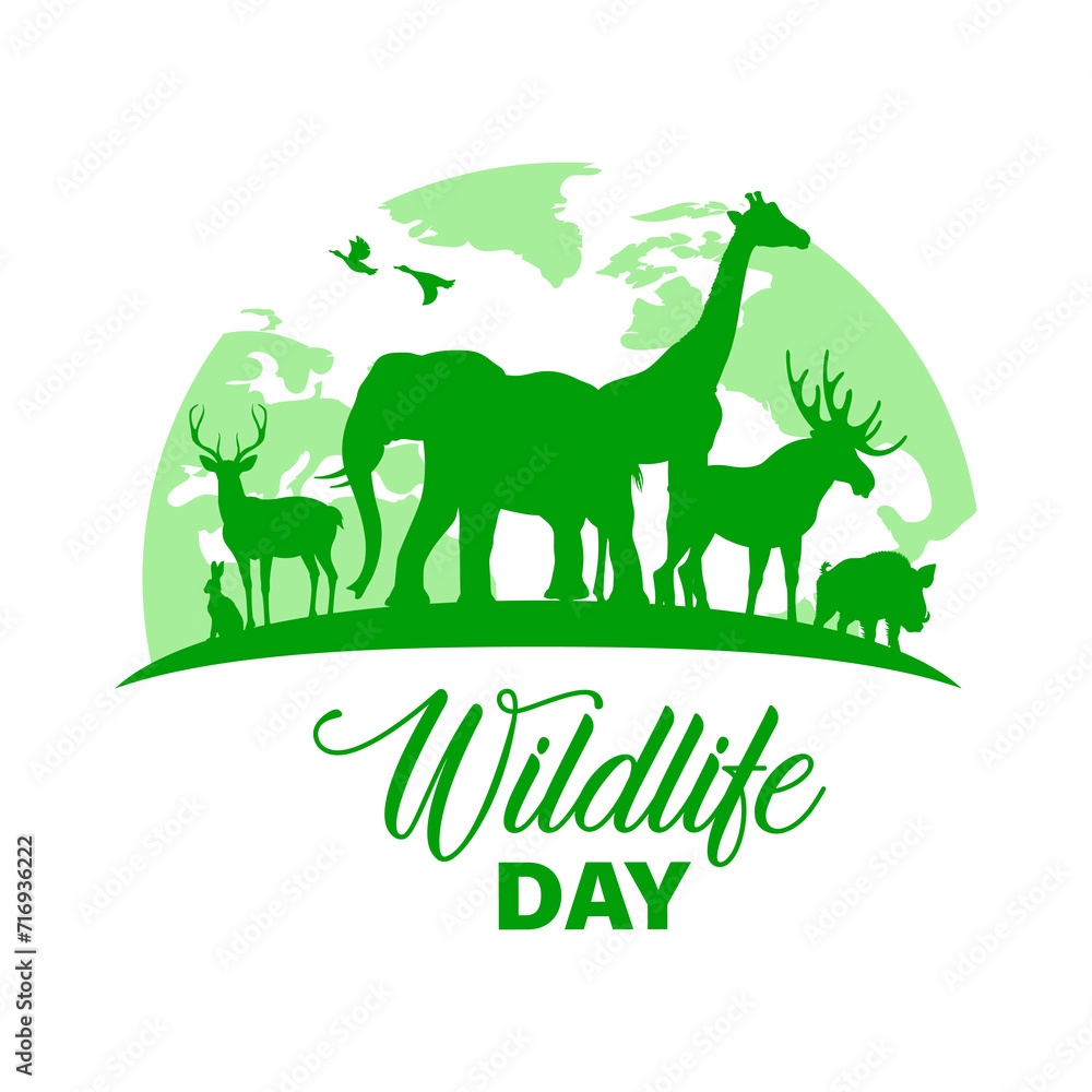 Wildlife day poster, world animal life and environment nature protect, vector. Wild life day, earth planet and green ecology conservation symbol of animals and forest trees silhouette or paper cut Wildlife day poster, world animal life and environment nature protect, vector. Wild life day, earth planet and green ecology conservation symbol of animals and forest trees silhouette or paper cut