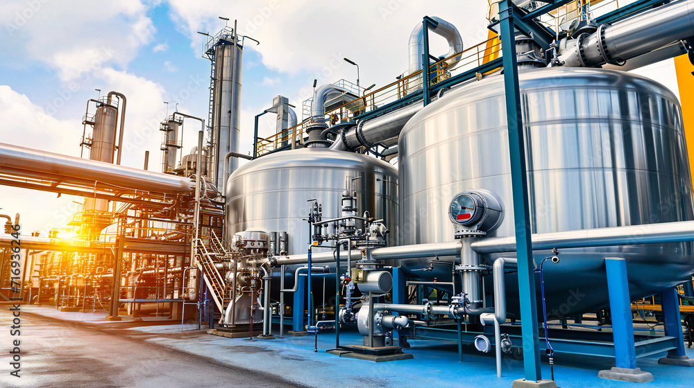 Steel and Energy: Industrial Refinery Plant with Pipes and Towers under a Blue Sky Steel and Energy: Industrial Refinery Plant with Pipes and Towers under a Blue Sky