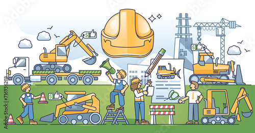 Construction equipment rental service with heavy machinery outline concept. Professional mechanic industrial tools for house building and bulldozer transportation vector illustration. Contractor gear