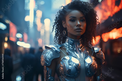 A futuristic and edgy image featuring a model in avant-garde cyberpunk attire, standing against a neon-lit futuristic cityscape