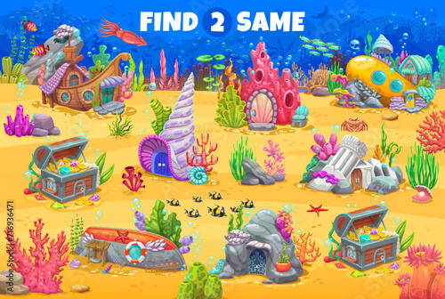 Find two same cartoon fairytail underwater house buildings game worksheet. Vector quiz puzzle with task of matching sea shell, treasure chest, fishing boat, ship and submarine, coral and ruin homes