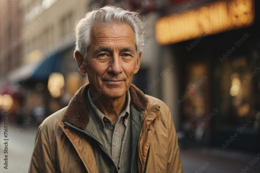Portrait of senior man on autumn street background. AI generated