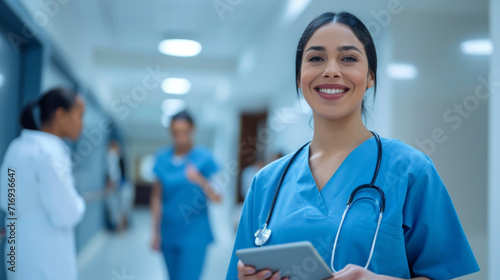 female healthcare professional in blue scrubs with a stethoscope around her neck
