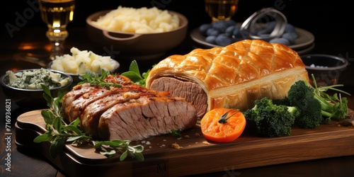 Melton Mowbray Pork Pie: Culinary Tradition Unveiled. A Symphony of Flaky Pastry and Succulent Pork Captured  photo