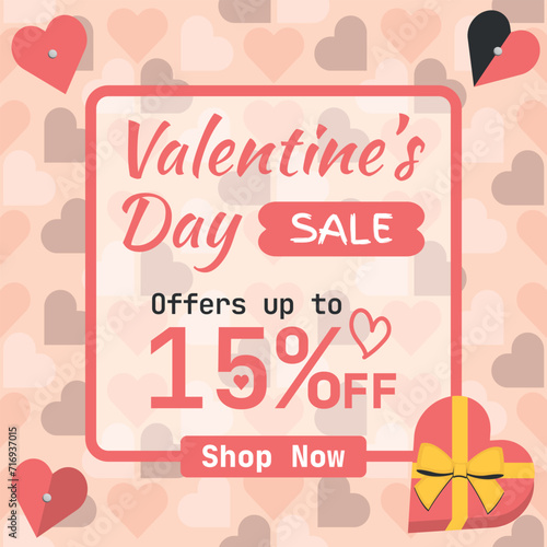 Valentine's Day Sale, up to 15% off. Logo and Number Discount on Pink Hearts Background. Shop Now.