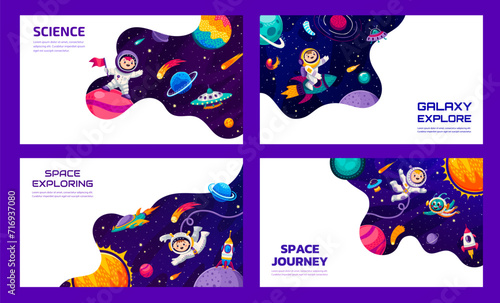 Space galaxy landing pages, cartoon space planets, astronauts, aliens and spaceships, vector website backdrop. Kid spaceman adventure or galaxy journey and spaceflight landing page with galactic sky