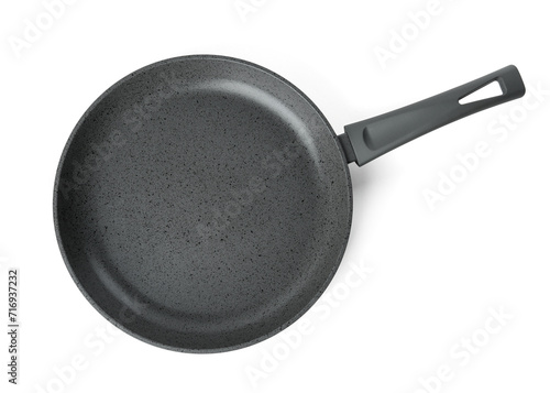 New frying pan isolated on white, top view. Cooking utensils