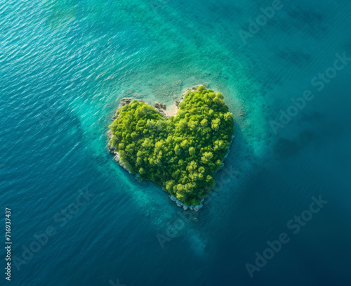 a heart-shaped island in the middle of the ocean. A beautiful sunny day. Love summer travel concept
