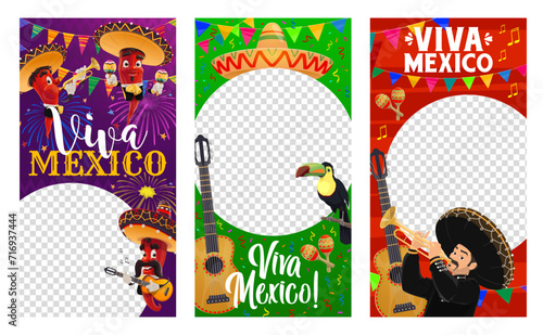 Viva Mexico social media templates for Mexican independence day holiday, vector backgrounds. Mariachi musician in sombrero with guitar, chili pepper characters with Mexican maracas and trumpet