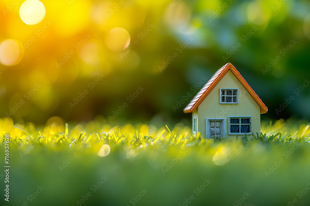 Small model home on green grass with sunlight abstract background Small model home on green grass with sunlight abstract background