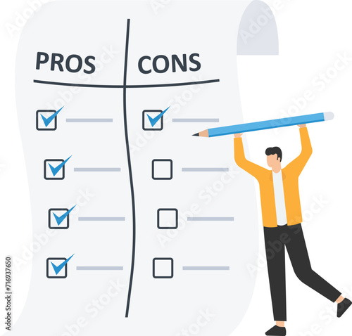 Pros and cons comparison for making business decisions, Positive and negative analysis, information list, Listing business pros and cons to consider benefits

