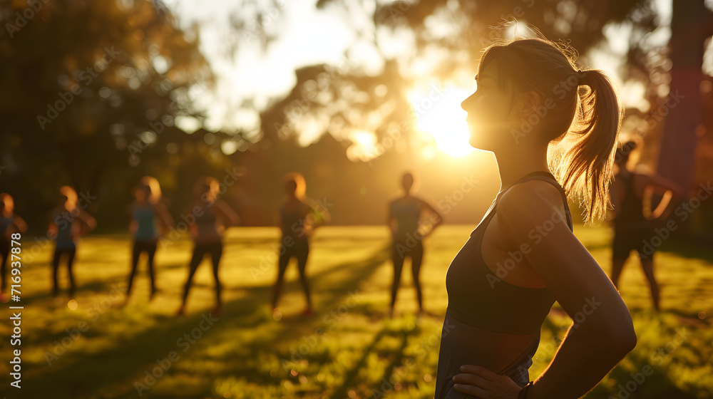 A fitness instructor leading an outdoor bootcamp at dawn. - obrazy, fototapety, plakaty 