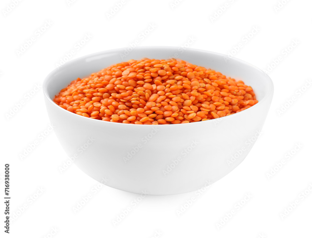 Raw red lentils in bowl isolated on white Raw red lentils in bowl isolated on white