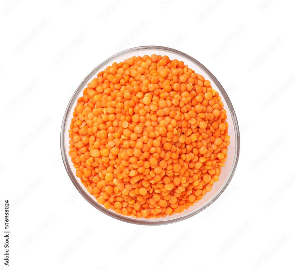 Raw red lentils in bowl isolated on white, top view Raw red lentils in bowl isolated on white, top view