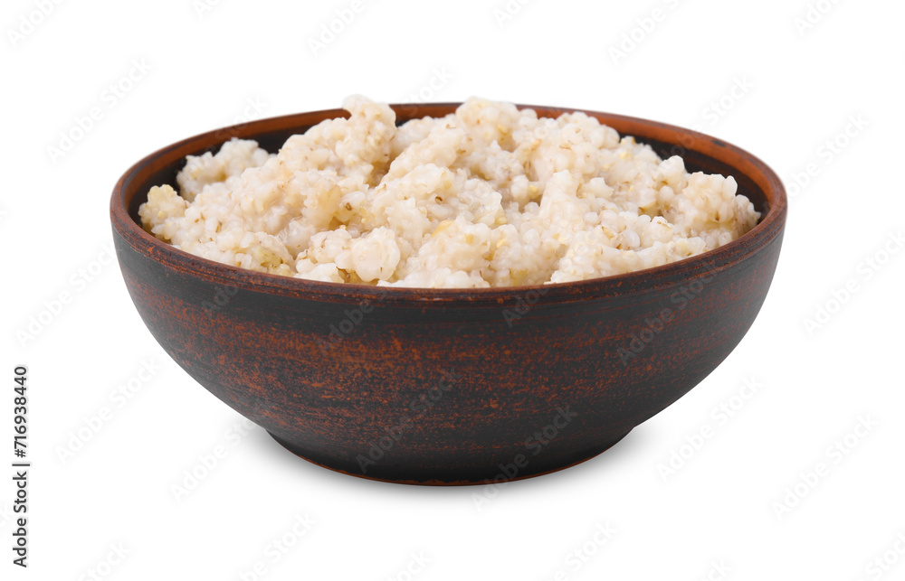Delicious barley porridge in bowl isolated on white Delicious barley porridge in bowl isolated on white