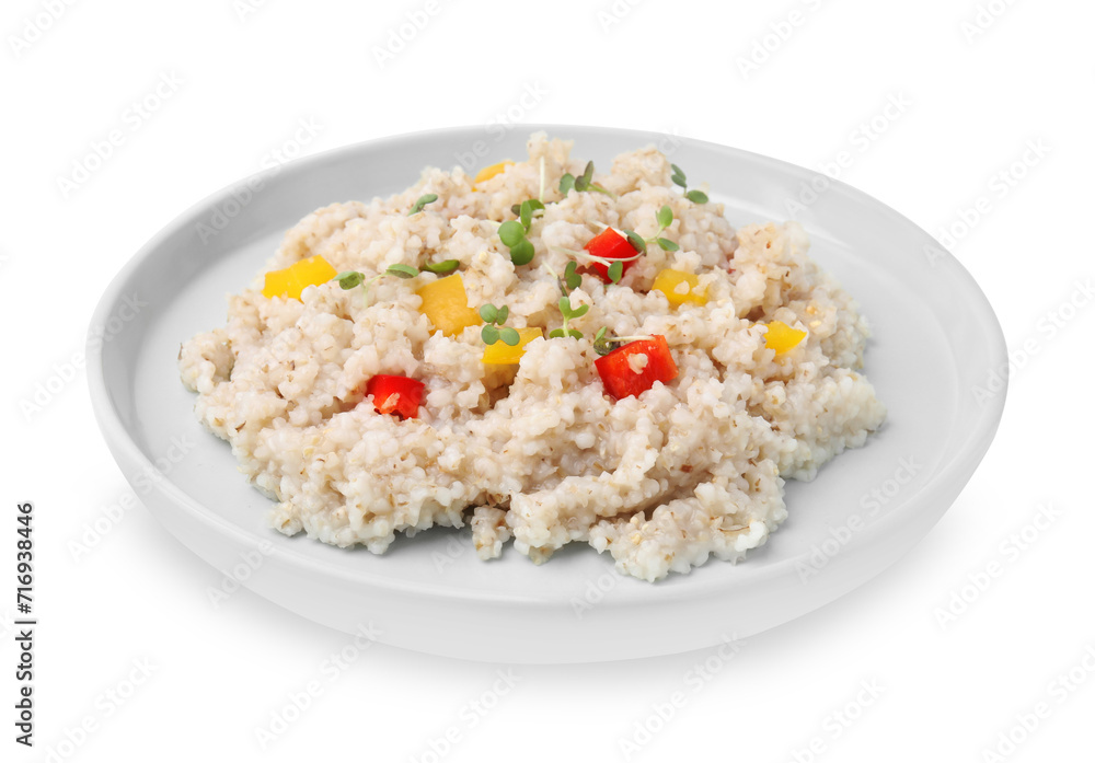 Delicious barley porridge with vegetables and microgreens isolated on white Delicious barley porridge with vegetables and microgreens isolated on white