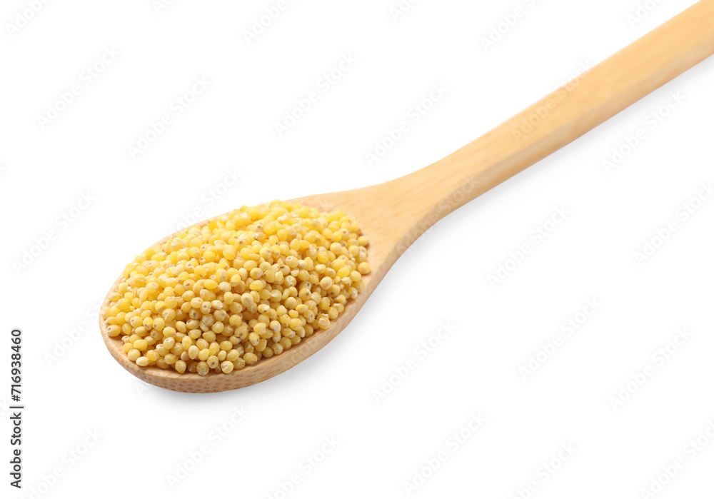Wooden spoon with millet groats isolated on white Wooden spoon with millet groats isolated on white