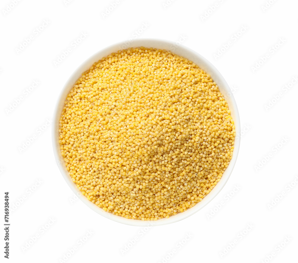 Dry millet seeds in bowl isolated on white, top view Dry millet seeds in bowl isolated on white, top view