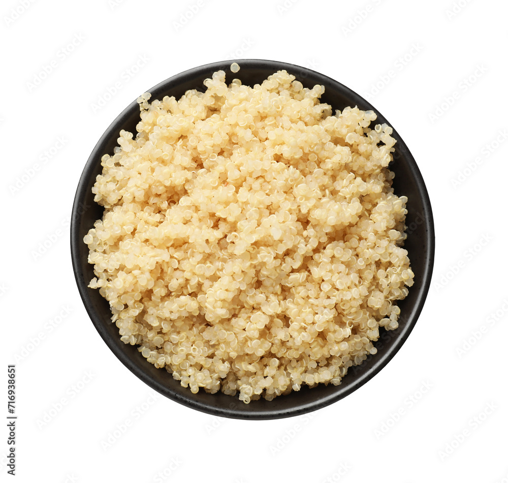 Tasty cooked quinoa in bowl isolated on white, top view Tasty cooked quinoa in bowl isolated on white, top view