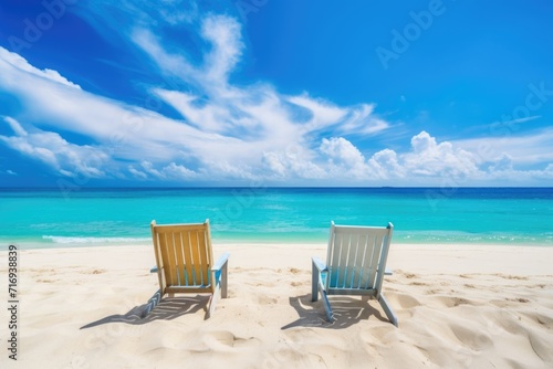 Two wooden deck chairs on sandy beach with turquoise sea and blue sky background