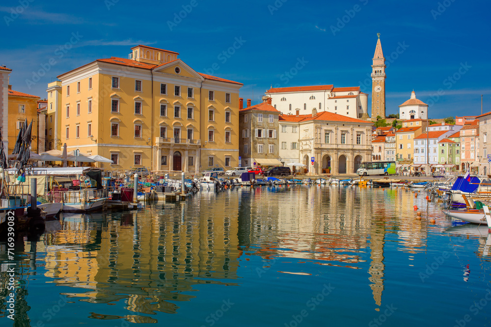 Piran, Slovenia. Beautiful view of  marina and the old town on Adriatic Sea