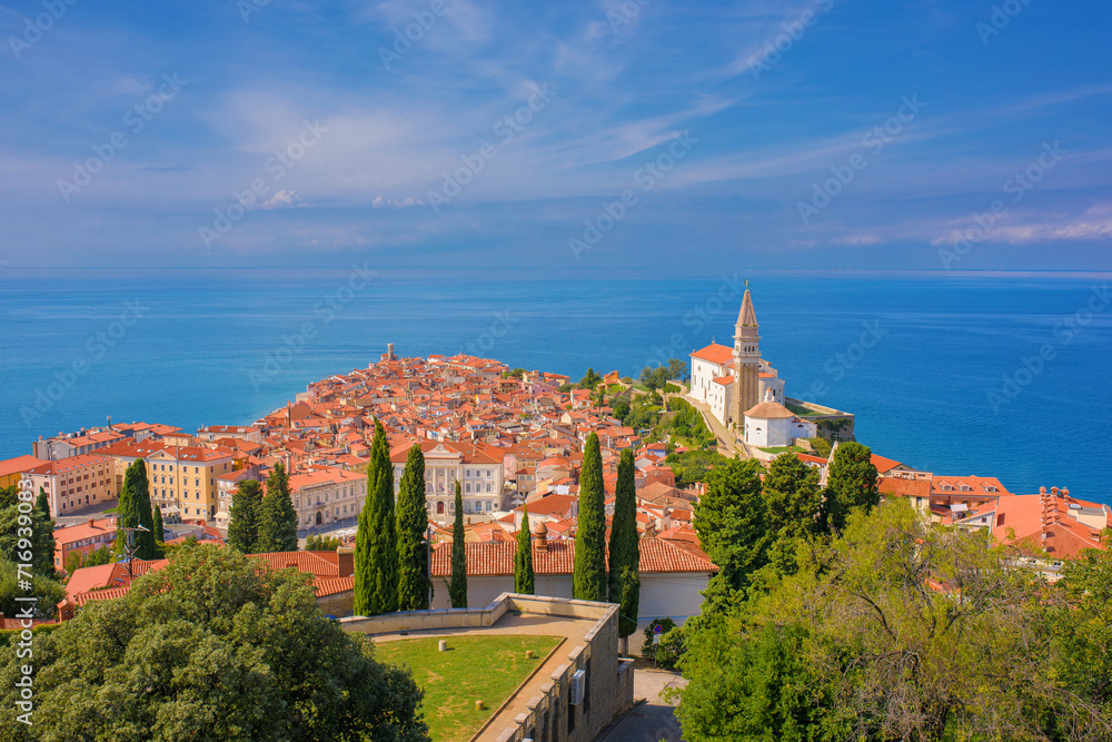 Panoramic view of Piran, Slovenia and the Adriatic sea 