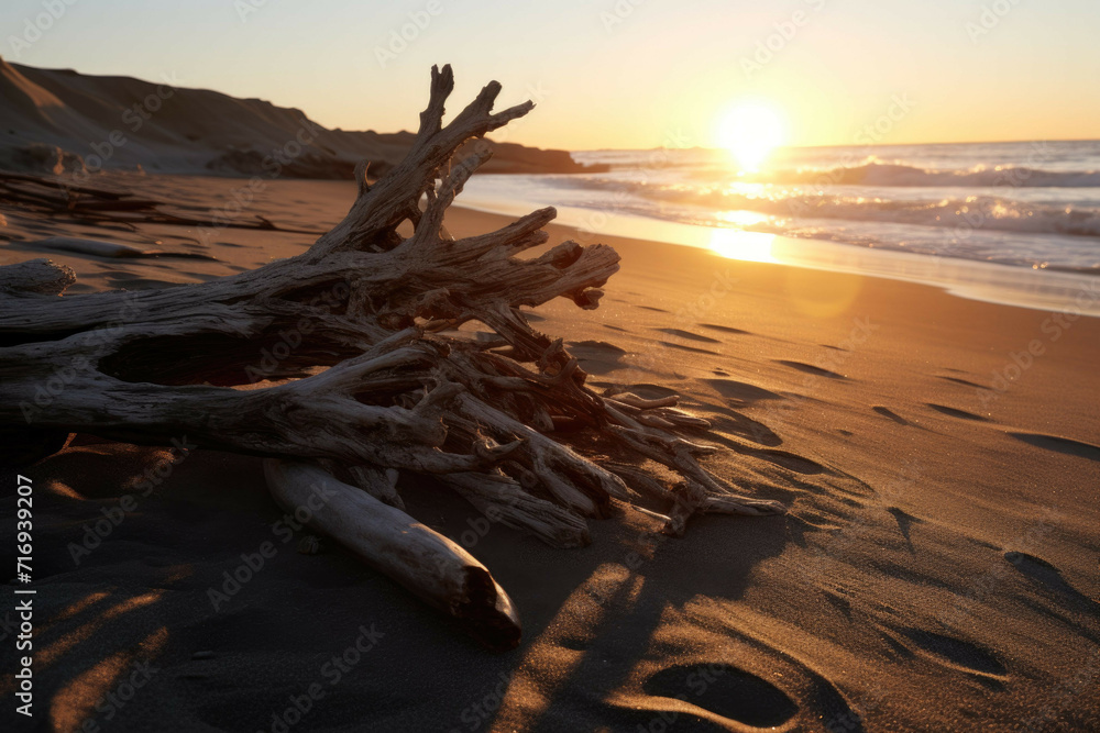 a beach with driftwood, with the sun setting in the distance, the driftwood scattered along the shore, and the sand glimmering in the light