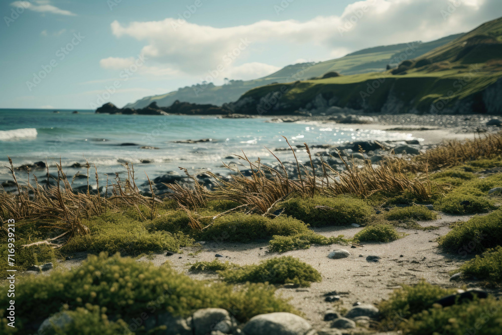 a beach with seaweed scattered around and the sea in the background a beach with seaweed scattered around and the sea in the background