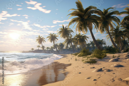 a beach with palm trees  with the sun reflecting off the ocean  the trees swaying in the breeze  and the sand sparkling in the light