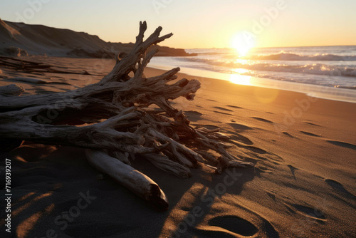 a beach with driftwood, with the sun setting in the distance, the driftwood scattered along the shore, and the sand glimmering in the light