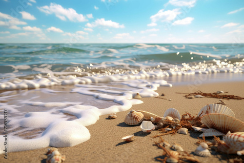 a beach with shells scattered around and the sea in the background