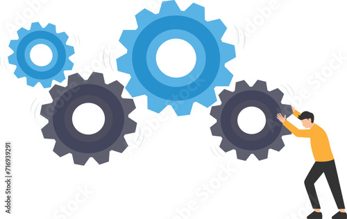 Business workflow, Leadership to drive team and initiate productivity and efficiency working process, Manager use all his power and skill to rotate a group of cogwheels gear

