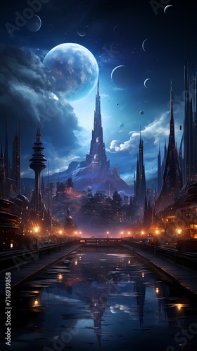 A futuristic cityscape with holographic skyscrapers, each emitting a soft glow, standing tall against a dark and mysterious background