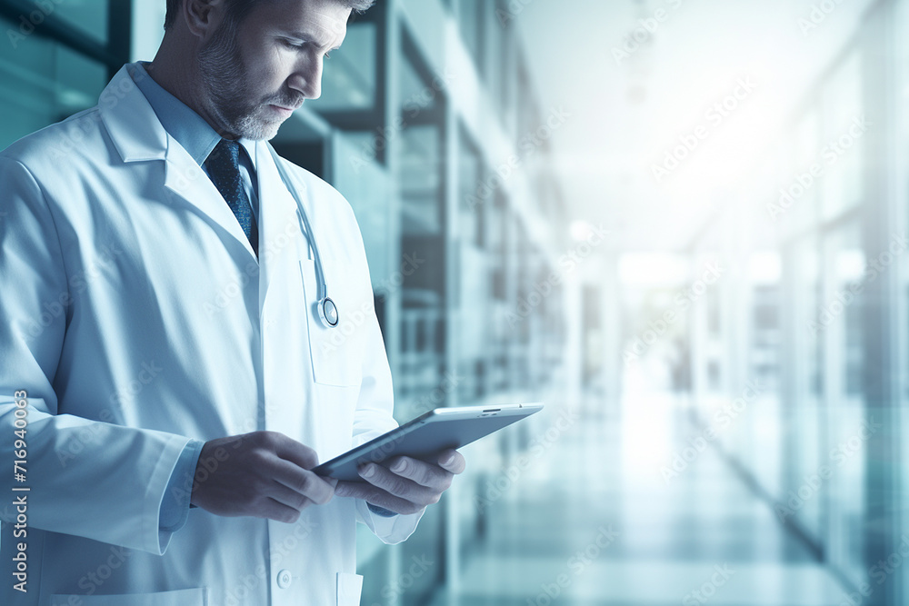 Healthcare and medicine. Medical and technology. Doctor working on digital tablet on hospital background