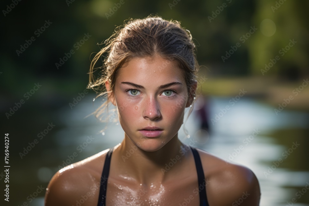 Portrait of a focused girl in her 30s practicing triathlon outdoors. With generative AI technology