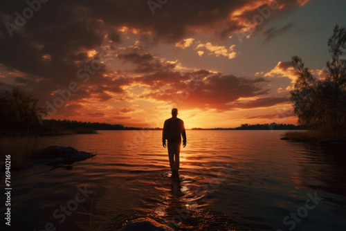 Back view of a person walking in a lake