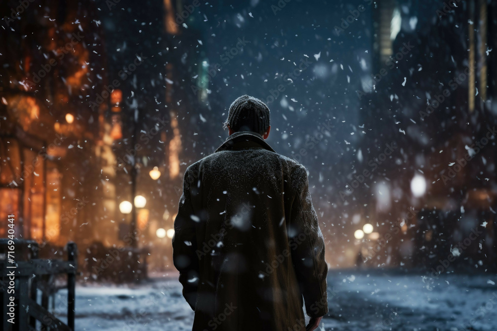 Man walking on a city street in the snow with twinkling lights. Man walking on a city street in the snow with twinkling lights.