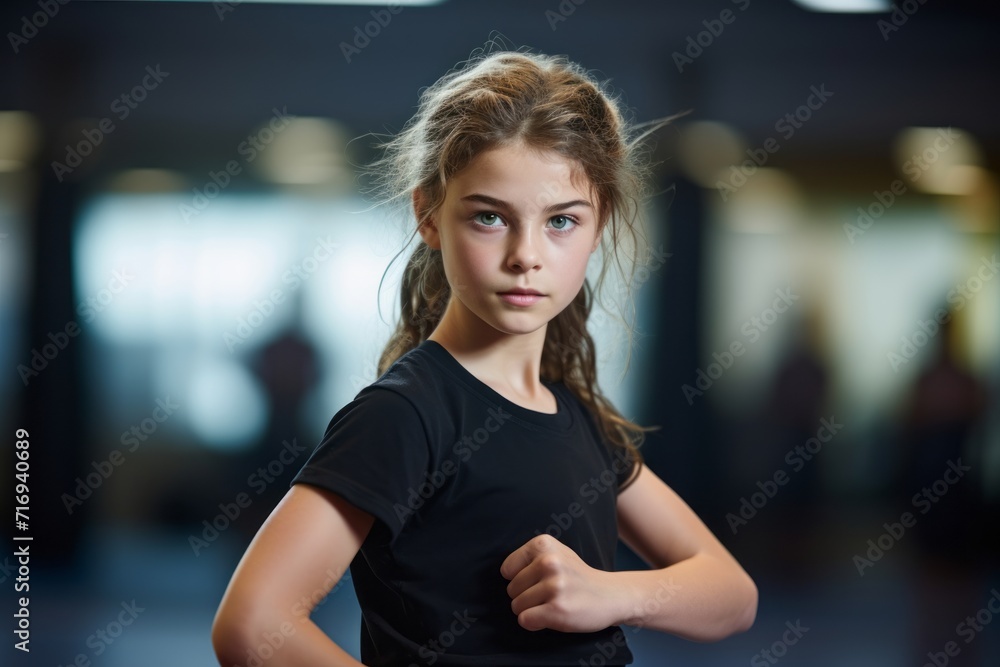 Portrait of an inspired kid female doing a kickboxing class in a gym. With generative AI technology
