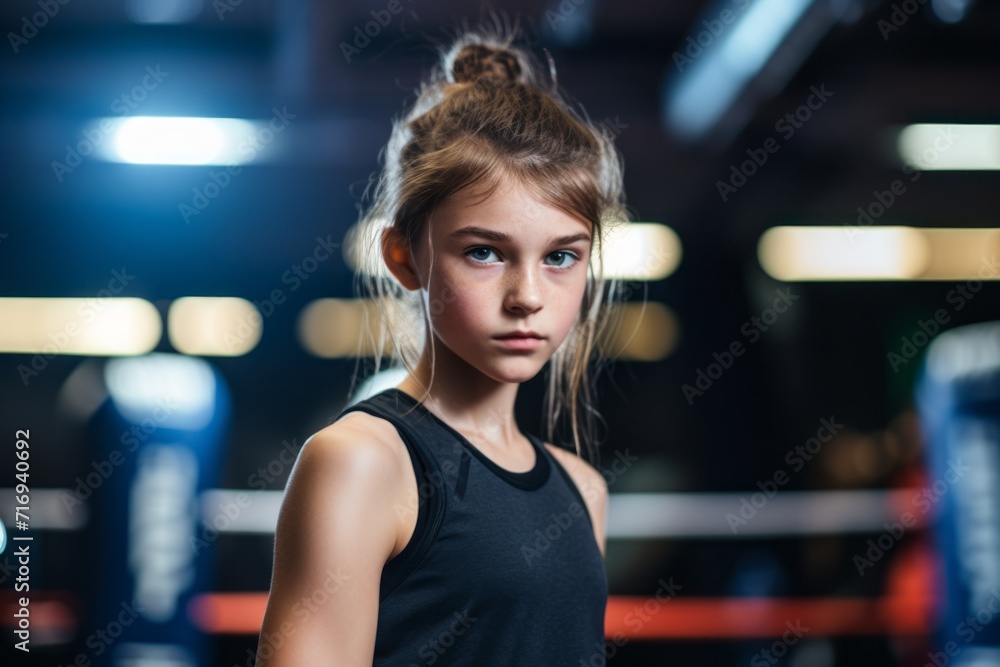 Portrait of an inspired kid female doing a kickboxing class in a gym. With generative AI technology Portrait of an inspired kid female doing a kickboxing class in a gym. With generative AI technology