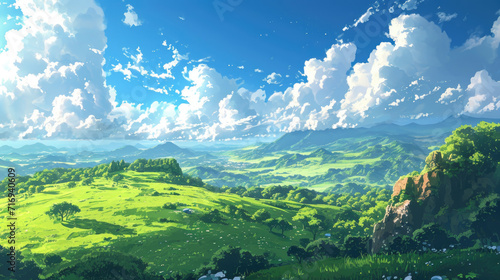 Beautiful Green Savanna or green field with sunny day anime background, cloud background landscape view with beautiful day sky on sunny weather flowers and mountains, beautiful panorama with surrealis