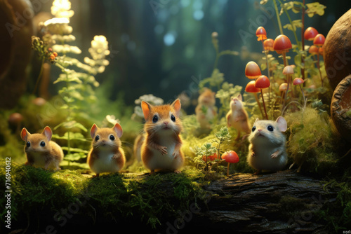 Tiny creatures living in a magical forest. photo