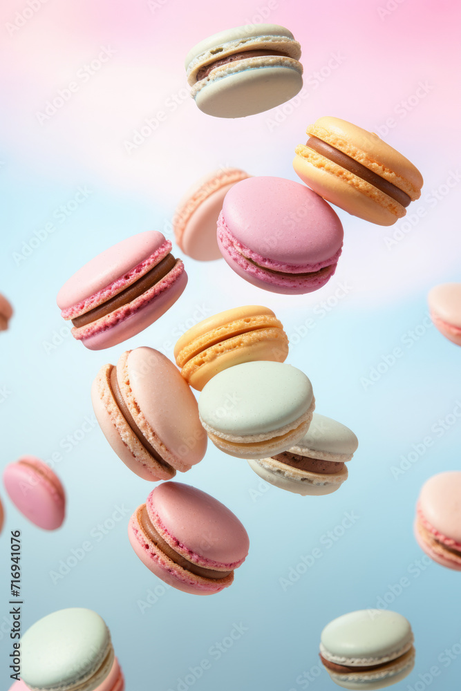Colorful macarons floating against a soft pastel gradient background Colorful macarons floating against a soft pastel gradient background