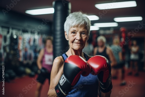 Portrait of an inspired old woman doing a kickboxing class in a gym. With generative AI technology © Markus Schröder