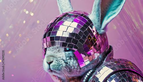 hase, diskokugel, helm, close up, neon, y2k, party, hinetrgrund, flyer, konzept, cyber, futuritisch, surreal, funkelnn, glow, spiegel, chapeau, neu, modern, 80s, 90s, spaß, cartoon, karte, ostern,  photo