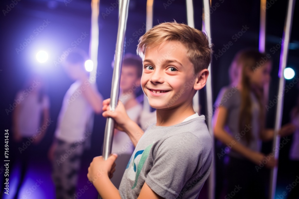 Obraz premium Portrait of a satisfied kid male practicing pole dance in a studio. With generative AI technology