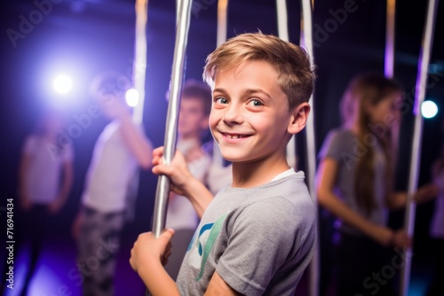 Portrait of a satisfied kid male practicing pole dance in a studio. With generative AI technology