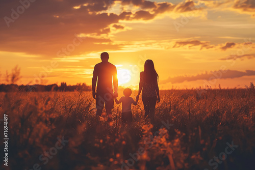 Silhouette photography of happy family standing on the field at the sunset time 