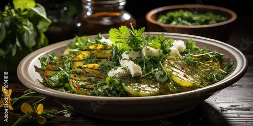 Semizotu Salatasi Elegance: Turkish Purslane Salad Delight. A Symphony of Fresh Greens and Zesty Dressing  photo