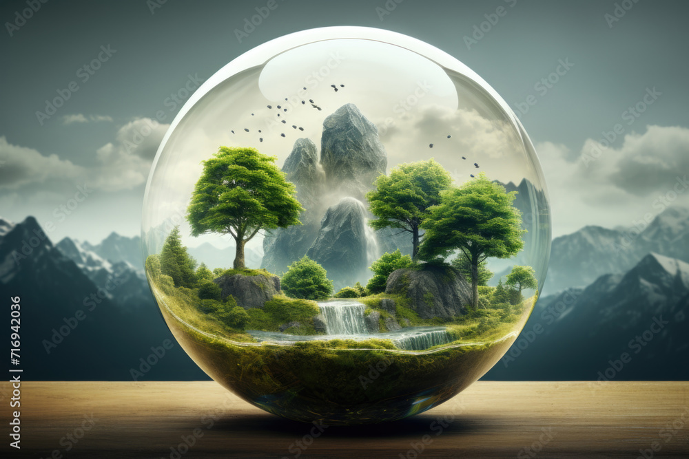 Eco city concept in glass sphere. Close up human hands holding planet earth with green city in it.
